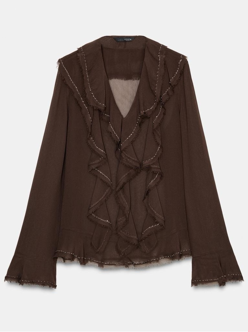 Zara NWT ZW Collection Brown Romantic Victorian Beaded Ruffle Blouse (Size XS) - Picture 7 of 10